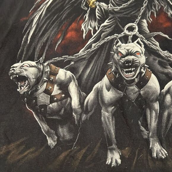 Reaper Walking 3 pitbull chained Dogs Underworld Mythology Punk 2xl Graphic Tee - Picture 4 of 7